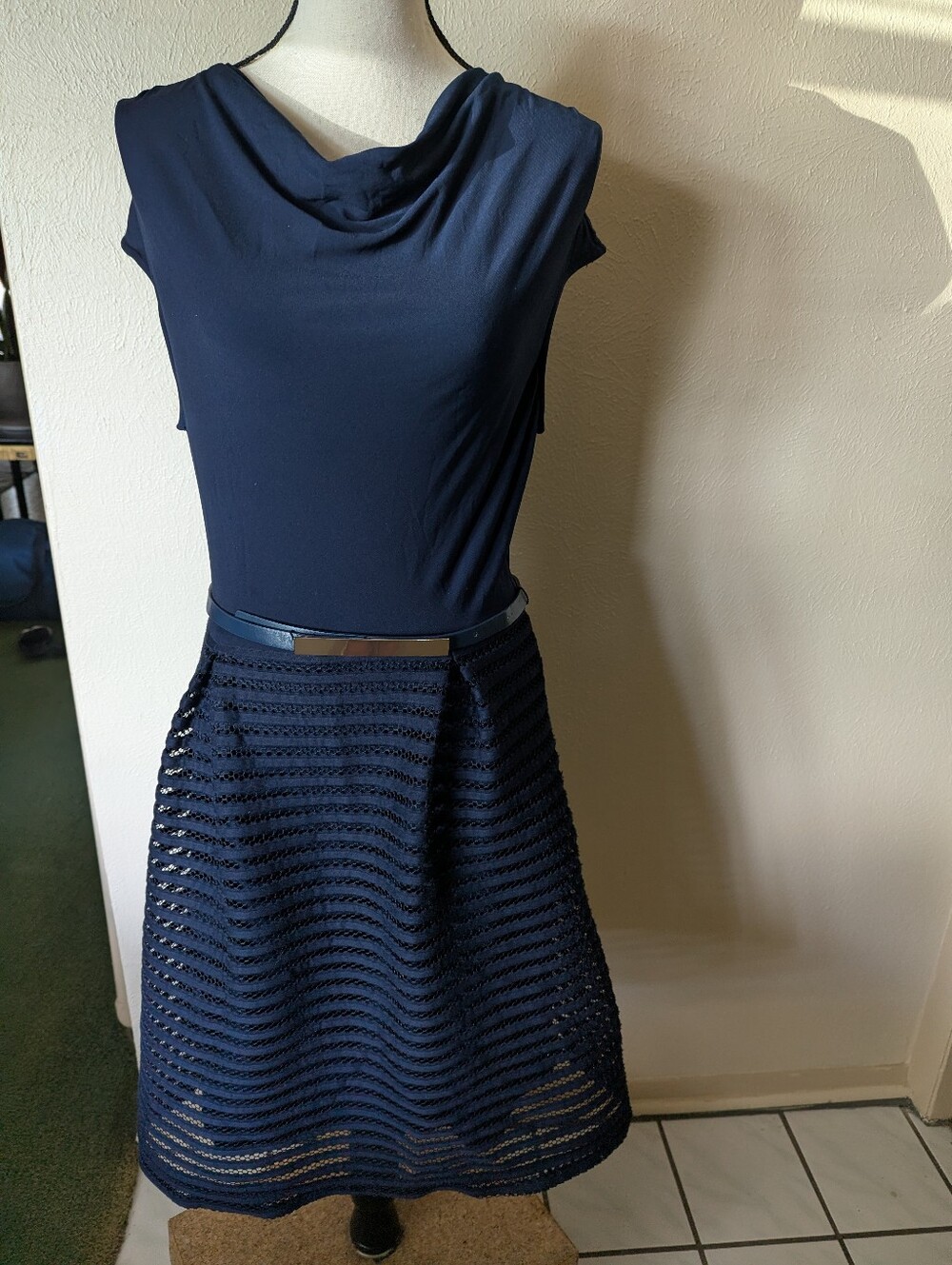 Wardrobe A brandNavy Blue A-Line Midi Skirt with Belt